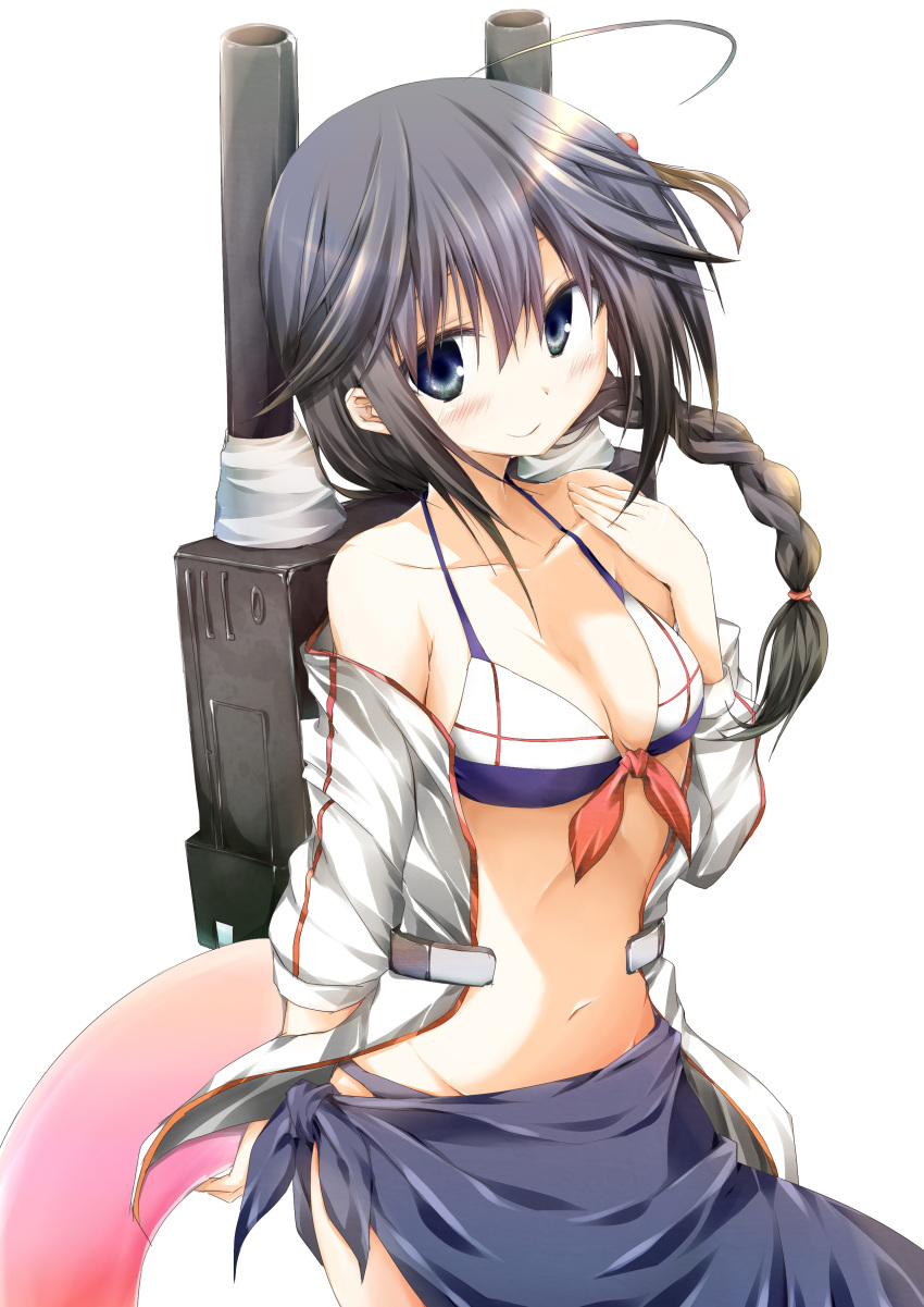 1girl absurdres adapted_costume ahoge alternate_costume black_hair blue_eyes braid breasts cleavage commentary_request front-tie_top highres innertube kantai_collection long_hair looking_at_viewer medium_breasts sarong shigure_(kantai_collection) shiryuu simple_background single_braid solo swimsuit turret white_background