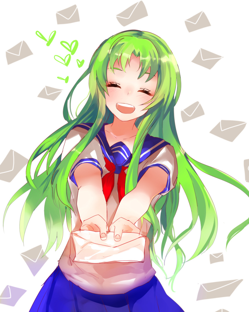 1girl closed_eyes giving green_hair heart highres letter letters long_hair midori_gurin_(yandere_simulator) open_mouth outstretched_arms school_uniform serafuku yandere_simulator