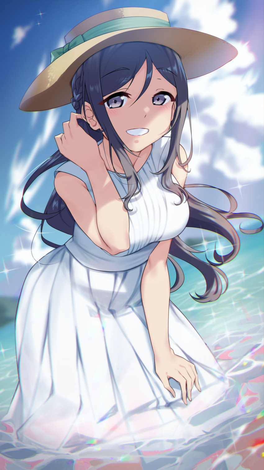 1girl :d absurdres adjusting_hair bangs black_hair blush bow braid breasts brown_headwear clouds day dress dutch_angle eyebrows_visible_through_hair green_bow grin hand_up hat hat_bow hat_ornament highres large_breasts leaning_forward looking_at_viewer love_live! love_live!_sunshine!! matsuura_kanan open_mouth outdoors parted_bangs sleeveless sleeveless_dress smile solo sparkle sun_hat teeth violet_eyes wading water white_dress yamaori_(yamaorimon)