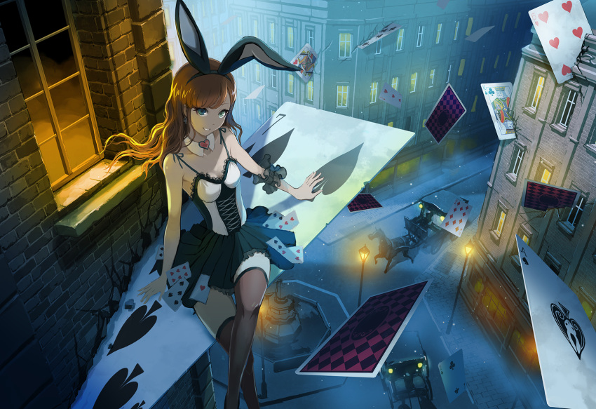 1girl animal_ears bangs black_legwear black_skirt bodice brick_wall brooch brown_hair building card carriage city commentary_request cracked_wall cross-laced_clothes destruction detached_collar dress earrings fake_animal_ears foot_dangle fountain frilled_skirt frills from_above green_eyes hairband heart highres horse jewelry lace_trim lamppost long_hair looking_at_viewer miniskirt night original outdoors oversized_object parted_lips playing_card rabbit_ears road scrunchie sitting sitting_on_object skirt sleeveless smile solo spade_earrings spaghetti_strap street swept_bangs thigh-highs ume_(illegal_bible) wavy_hair window wrist_scrunchie zettai_ryouiki
