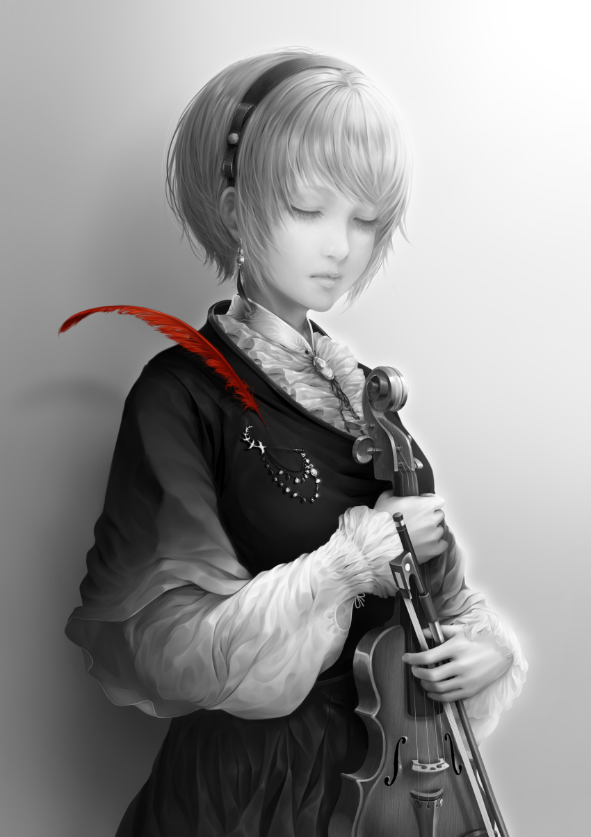 1girl absurdres bouno_satoshi bow_(instrument) closed_eyes earrings hairband highres instrument jewelry original realistic short_hair spot_color violin