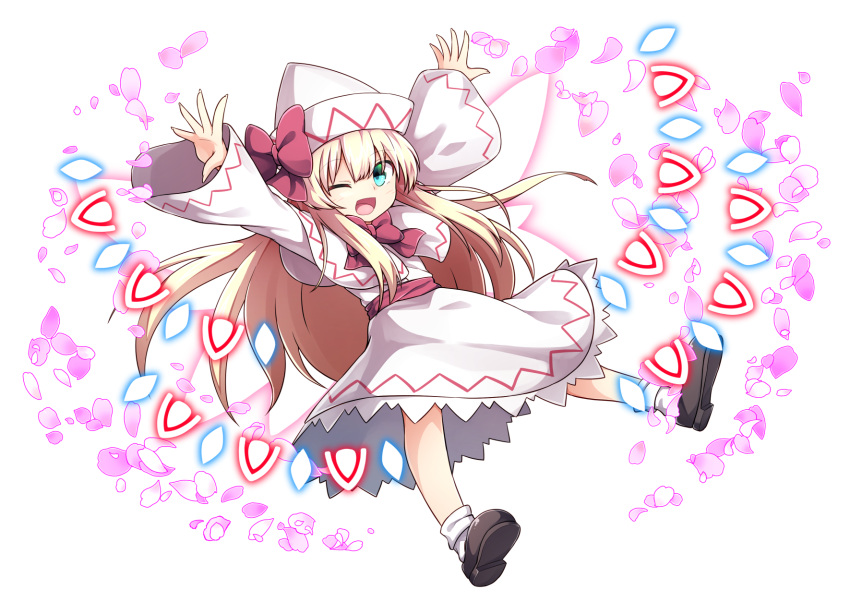 1girl arms_up blonde_hair blue_eyes capelet danmaku dress fairy_wings full_body hat hat_ribbon highres lily_white long_hair long_sleeves looking_at_viewer nogisaka_kushio one_eye_closed open_mouth petals ribbon sash shoes smile socks solo touhou transparent_background white_dress white_legwear wide_sleeves wings