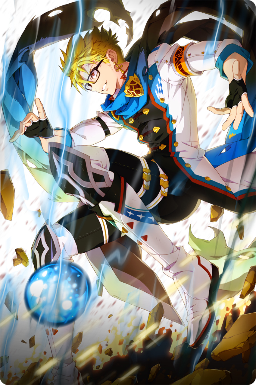 1boy ball black_gloves blonde_hair comiccho earrings fingerless_gloves glasses gloves highres jewelry looking_to_the_side male_focus parted_lips red_eyes scarf shoes skorn soccer_ball soccer_spirits solo white_legwear white_shoes