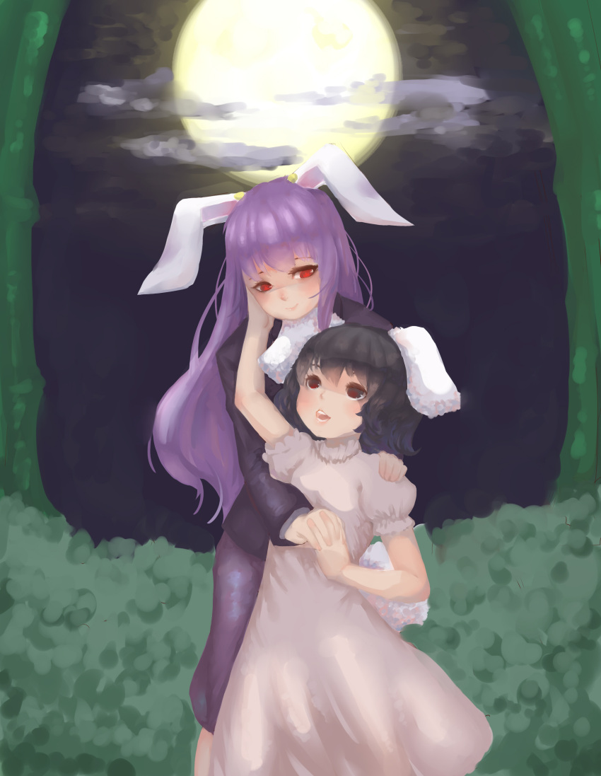 2girls absurdres animal_ears arm_up behind_another black_hair blazer bunny_tail bush clouds dress faux_traditional_media full_moon hand_on_another's_cheek hand_on_another's_face hand_on_another's_shoulder high_collar highres holding_hands inaba_tewi interlocked_fingers jacket long_hair long_sleeves looking_at_another looking_down looking_up moon multiple_girls night open_mouth outdoors pink_dress puffy_short_sleeves puffy_sleeves purple_hair purple_skirt rabbit_ears red_eyes reisen_udongein_inaba short_hair short_sleeves skirt smile standing tail tan_liao touhou tree yuri