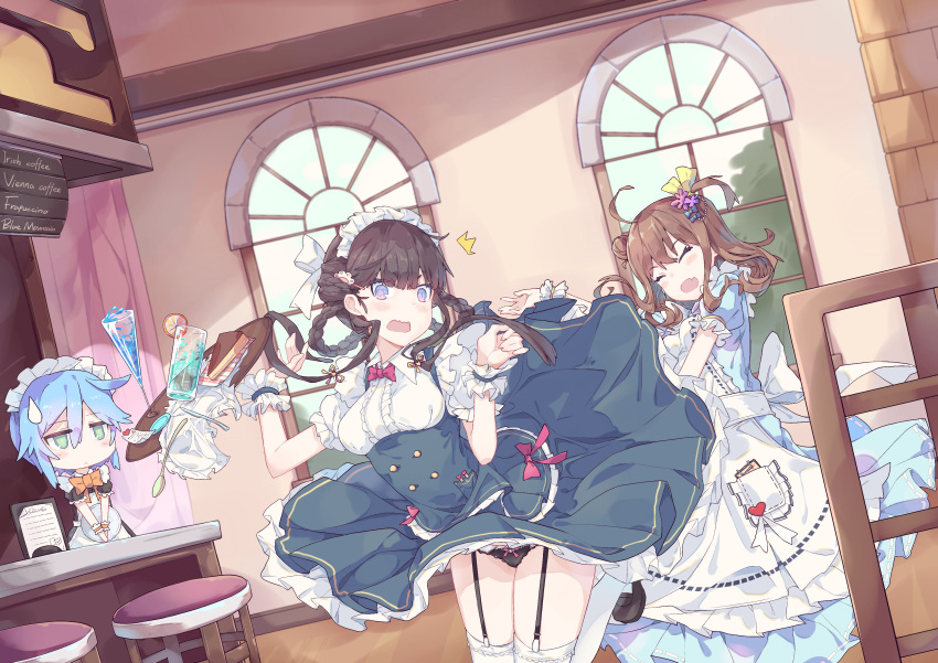 3girls absurdres ahoge alternate_costume apron black_panties black_shoes blue_eyes blue_hair blush braid breasts brown_hair buttons chair character_request cup dress drinking_glass enmaided fang food frills garter_straps green_eyes hair_between_eyes hair_ornament hair_ribbon hairclip heart highres holding holding_tray indoors jitome knife litsvn loafers long_hair maid maid_apron maid_headdress medium_breasts multiple_girls open_mouth orange_ribbon panties puffy_short_sleeves puffy_sleeves ribbon shaonyu_cofee_gun shoes short_hair short_sleeves spoon surprised sweatdrop thigh-highs tray underbust underwear v_arms white_legwear window