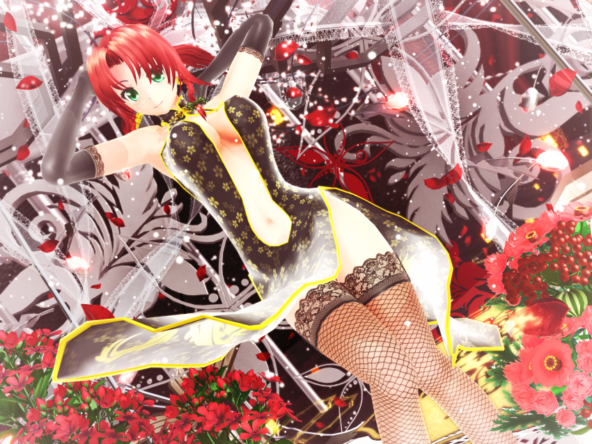 1girl 3d abstract_background alternate_costume armpits bow braid breasts china_dress chinese_clothes cleavage commentary dress dutch_angle elbow_gloves fishnet_legwear fishnets flower gloves green_eyes hair_bow halterneck highres hong_meiling kurogoma_(glassesgurasan) light_particles long_hair looking_at_viewer mikumikudance navel petals redhead side_slit smile solo thigh-highs touhou twin_braids zettai_ryouiki
