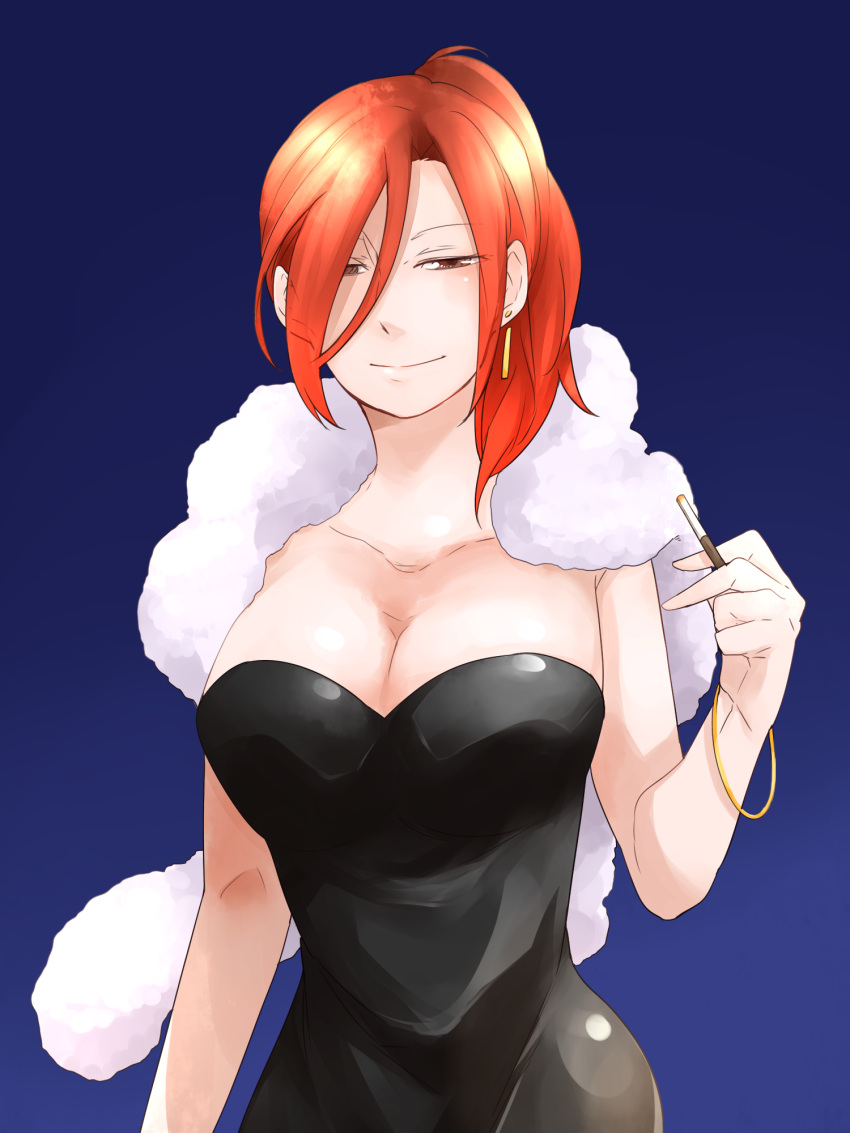 1girl aozaki_touko bangle bare_shoulders black_dress blue_background bracelet breasts cigarette cleavage dress earrings feather_boa formal hair_over_one_eye half-closed_eyes highres jewelry kara_no_kyoukai large_breasts long_hair neji_(ultramarinesunset) pantyhose ponytail red_eyes redhead smile solo strapless strapless_dress