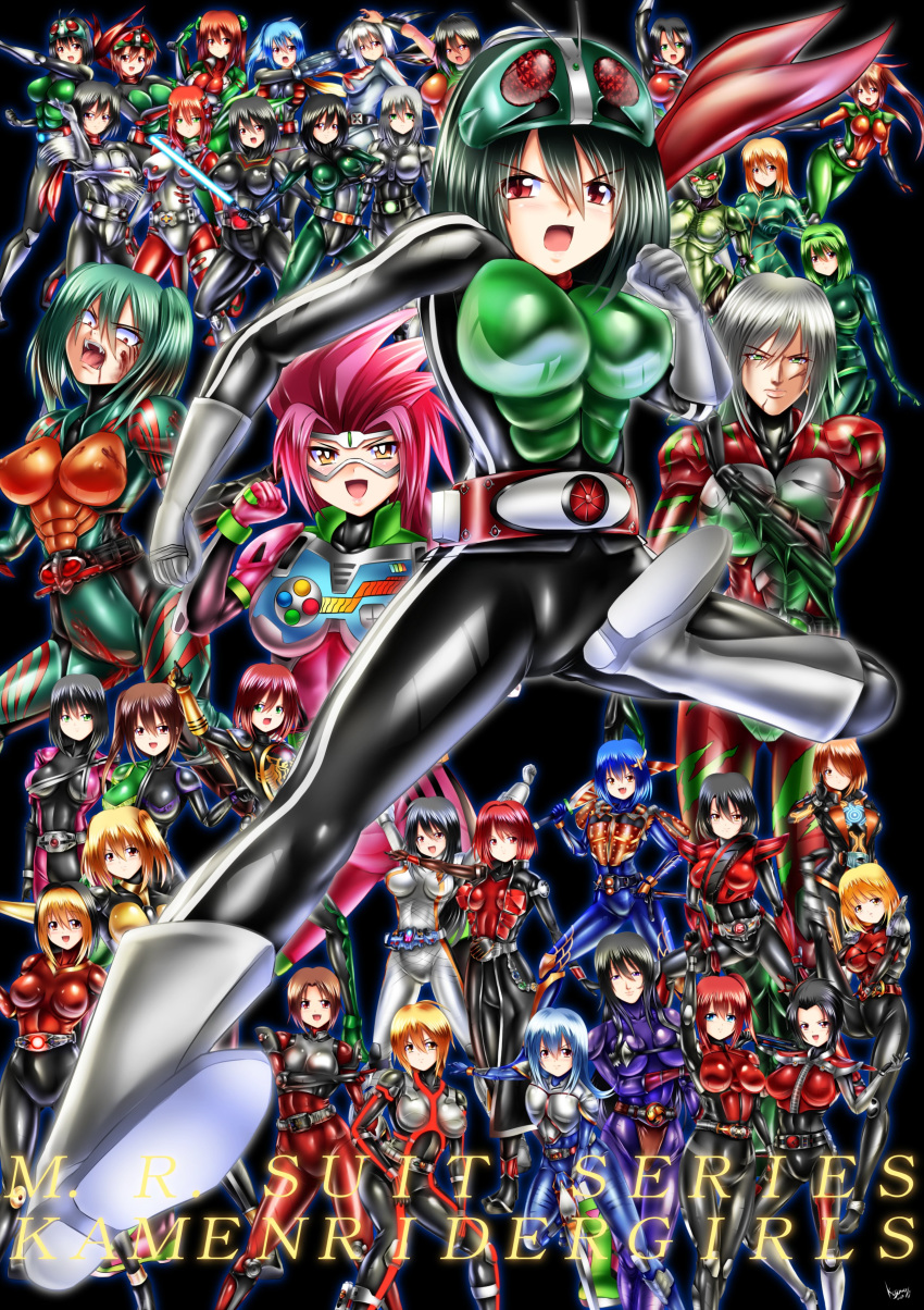 6+girls absurdres arms_up bad_anatomy belt black_hair blonde_hair blood blue_eyes blue_hair bodysuit breasts brown_hair closed_mouth cosplay covered_nipples everyone fangs formal genderswap genderswap_(mtf) green_eyes green_hair hair_ornament hairband highres huge_breasts impossible_clothes kamen_rider kamen_rider_1 kamen_rider_2 kamen_rider_555 kamen_rider_agito kamen_rider_agito_(series) kamen_rider_amazon kamen_rider_amazon_(series) kamen_rider_amazon_alpha kamen_rider_amazon_omega kamen_rider_amazons kamen_rider_black kamen_rider_black_(series) kamen_rider_black_rx kamen_rider_black_rx_(series) kamen_rider_blade kamen_rider_blade_(series) kamen_rider_dcd kamen_rider_decade kamen_rider_den-o kamen_rider_den-o_(series) kamen_rider_double kamen_rider_drive kamen_rider_drive_(series) kamen_rider_ex-aid kamen_rider_ex-aid_(series) kamen_rider_faiz kamen_rider_fourze kamen_rider_fourze_(series) kamen_rider_gaim kamen_rider_gaim_(series) kamen_rider_ghost kamen_rider_ghost_(series) kamen_rider_hibiki kamen_rider_hibiki_(series) kamen_rider_j kamen_rider_j_(movie) kamen_rider_kabuto kamen_rider_kabuto_(series) kamen_rider_kiva kamen_rider_kiva_(series) kamen_rider_kuuga kamen_rider_kuuga_(series) kamen_rider_ooo kamen_rider_ooo_(series) kamen_rider_ryuki kamen_rider_ryuki_(series) kamen_rider_shin kamen_rider_stronger kamen_rider_stronger_(series) kamen_rider_super-1 kamen_rider_super-1_(series) kamen_rider_v3 kamen_rider_v3_(series) kamen_rider_w kamen_rider_wizard kamen_rider_wizard_(series) kamen_rider_x kamen_rider_x_(series) kamen_rider_zo kamen_rider_zo_(film) kamen_rider_zx long_hair monster_girl multicolored_hair multiple_girls new_kamen_rider open_mouth orange_eyes orange_hair pink_hair plugsuit red_eyes redhead rider-tan riderman scar scarf shadow_moon shin_kamen_rider_prologue short_hair silver_hair skin_tight skyrider suit sword twintails two-tone_hair violet_eyes weapon yellow_eyes