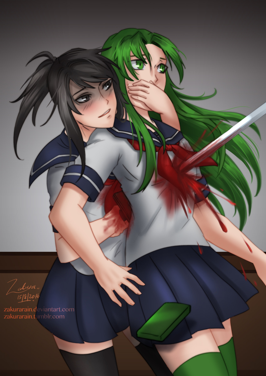 2girls absurdres black_eyes black_hair blood death highres katana long_hair midori_gurin_(yandere_simulator) multiple_girls open_eyes open_mouth ponytail school_uniform serafuku shaded_face short_hair simple_background skirt smile sword weapon yandere yandere-chan yandere_simulator