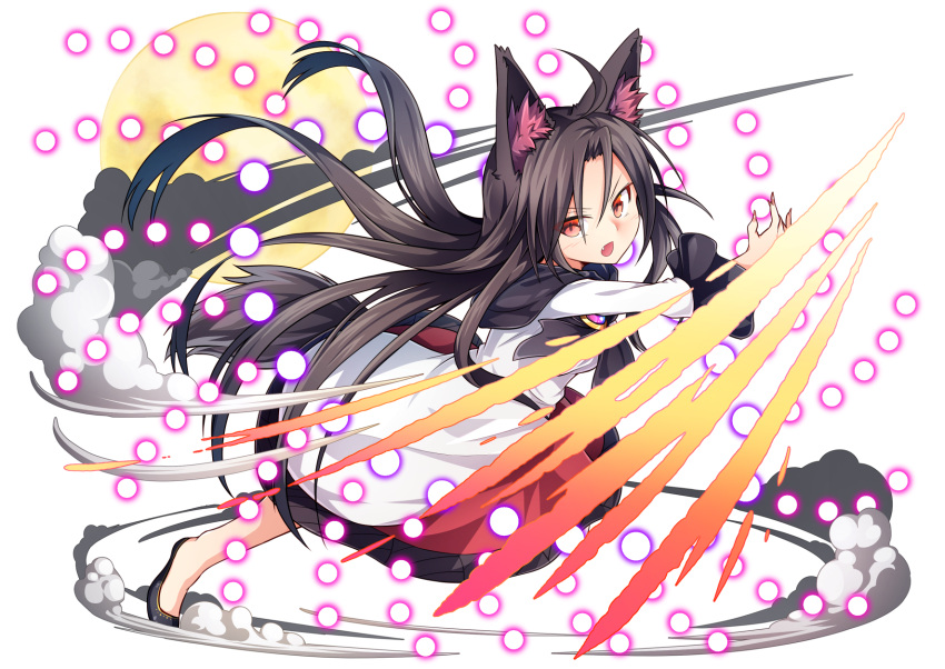 1girl animal_ears blush brown_hair danmaku dress fang full_body full_moon highres imaizumi_kagerou long_hair long_sleeves looking_at_viewer moon nogisaka_kushio open_mouth red_eyes shoes solo tail touhou transparent_background very_long_hair wolf_ears wolf_tail
