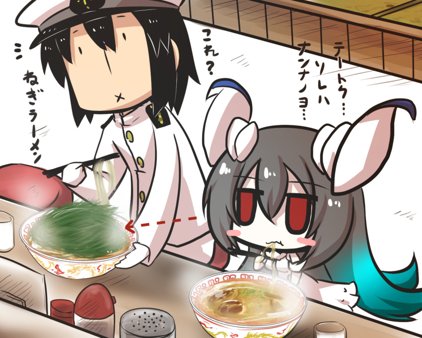 1boy 1girl :x admiral_(kantai_collection) anchorage_water_oni black_hair blue_hair blush_stickers bowl chibi chopsticks comic commentary_request counter dress eating elbow_gloves epaulettes food gloves gomasamune grass grey_hair hat horns kantai_collection long_hair looking_to_the_side military military_hat military_uniform multicolored_hair noodles peaked_cap pointer ramen red_eyes sleeveless sleeveless_dress stool translated uniform yunomi