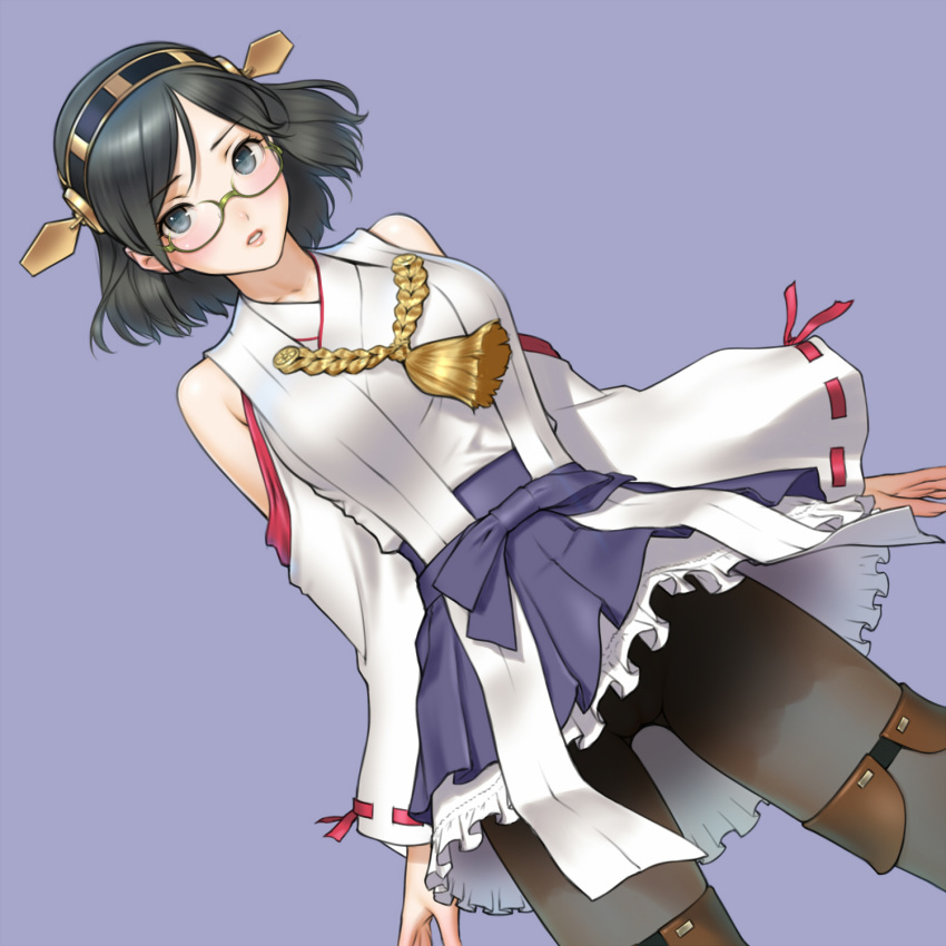 1girl bare_shoulders black_hair black_legwear blue_eyes blush boots commentary_request cowboy_shot detached_sleeves glasses hairband hakama_skirt headgear highres japanese_clothes kantai_collection kirishima_(kantai_collection) nontraditional_miko pantyhose parted_lips ribbon-trimmed_sleeves ribbon_trim sano_toshihide short_hair skirt solo thigh-highs thigh_boots
