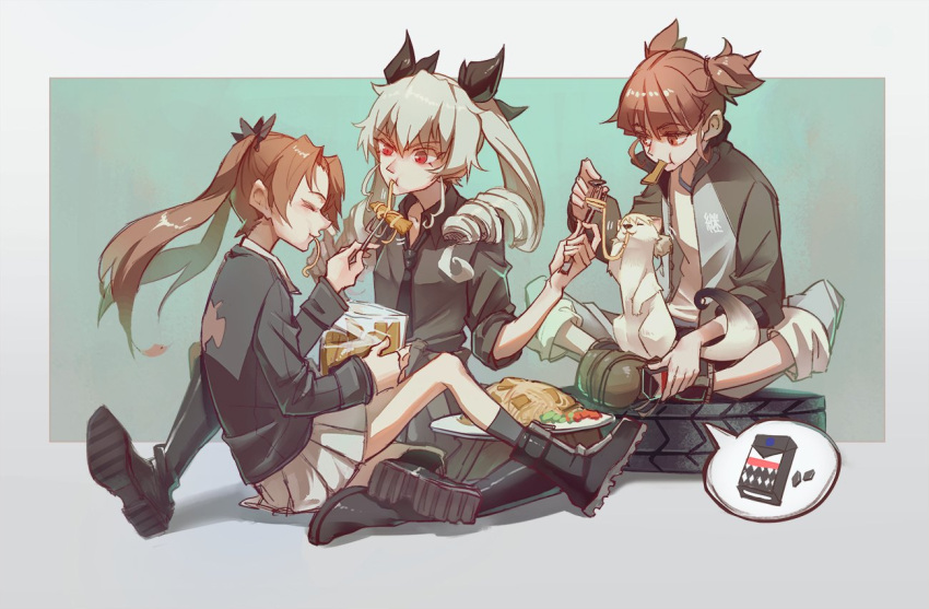 3girls aki_(girls_und_panzer) anchovy animalization black_boots black_shirt boots brown_eyes brown_hair drill_hair food girls_und_panzer green_hair hair_ribbon jacket kadotani_anzu knee_boots long_hair mikko_(girls_und_panzer) multiple_girls necktie open_clothes open_jacket pants pants_rolled_up pasta pleated_skirt red_eyes ribbon shirt short_hair short_twintails skirt spaghetti track_pants twin_drills twintails white_skirt