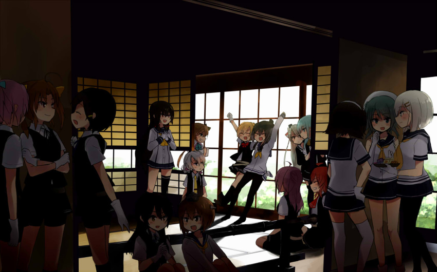 6+girls ahoge akigumo_(kantai_collection) amatsukaze_(kantai_collection) annin_musou arashi_(kantai_collection) architecture arm_around_shoulder arm_up black_hair blonde_hair blue_hair bow brown_hair character_request closed_eyes commentary_request crossed_arms east_asian_architecture gloves grin hagikaze_(kantai_collection) hair_bow hair_flaps hair_ornament hairclip hamakaze_(kantai_collection) hat hatsukaze_(kantai_collection) isokaze_(kantai_collection) kagerou_(kantai_collection) kantai_collection kuroshio_(kantai_collection) long_hair maikaze_(kantai_collection) mini_hat multiple_girls neckerchief nowaki_(kantai_collection) open_mouth oyashio_(kantai_collection) pantyhose pink_hair sailor_hat school_uniform serafuku shiranui_(kantai_collection) short_hair short_sleeves smile sunlight tanikaze_(kantai_collection) tokitsukaze_(kantai_collection) twintails urakaze_(kantai_collection) vest yukikaze_(kantai_collection)