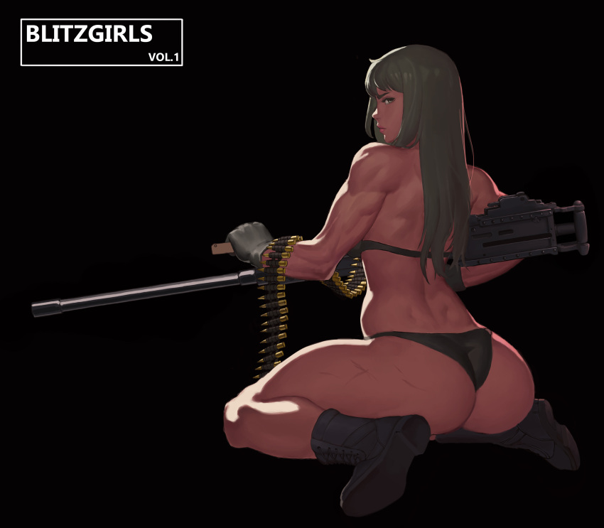 1girl absurdres ammunition_belt ass bikini black_background black_bikini black_boots boots bypos closed_mouth cross-laced_footwear english from_behind grey_eyes grey_hair gun highres holding holding_gun holding_weapon long_hair machine_gun number original profile realistic simple_background sitting solo swimsuit wariza weapon