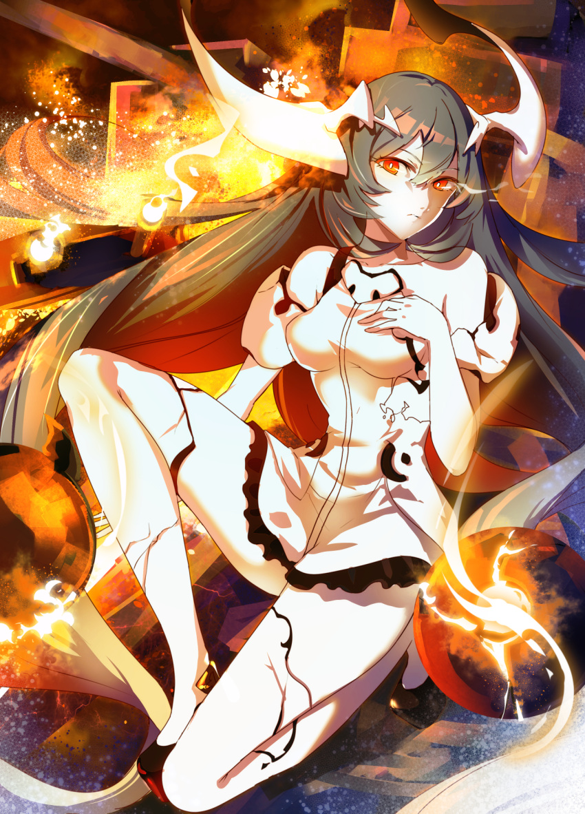 1girl anchorage_water_oni bare_shoulders black_hair boots breasts cibo_(killy) closed_mouth dress fire frown glowing glowing_eyes hand_on_own_chest highres horns kantai_collection knee_boots kneeling long_hair looking_at_viewer over-kneehighs pale_skin red_eyes shinkaisei-kan short_dress side_glance small_breasts solo thigh-highs torn_clothes torn_dress turret very_long_hair white_dress white_skin