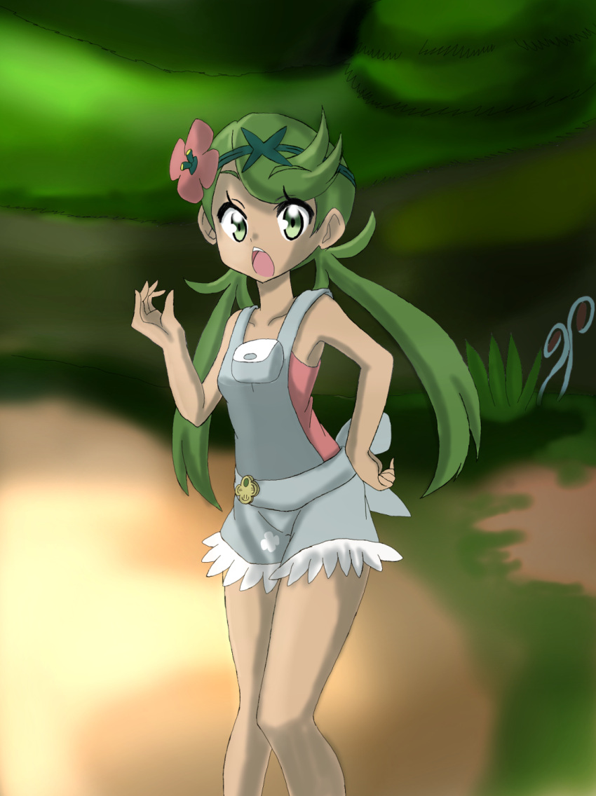 1girl :o bare_arms bare_legs bare_shoulders dark_skin flower green_eyes green_hair hair_flower hair_ornament highres looking_at_viewer mallow_(pokemon) open_mouth pokemon pokemon_(game) pokemon_sm sleeveless tagme twintails