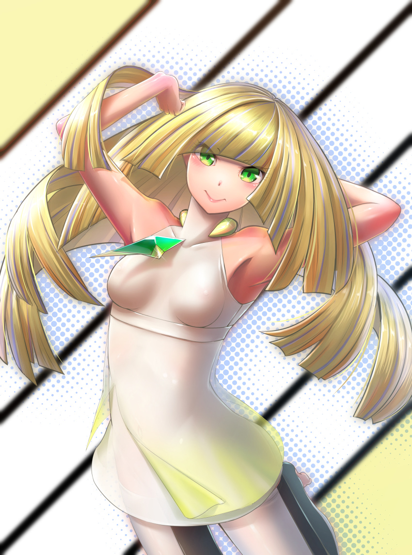 1girl absurdres armpits bare_arms blonde_hair breasts diamond dress eyes_visible_through_hair green_eyes highres long_hair looking_at_viewer lusamine_(pokemon) pokemon pokemon_(game) pokemon_sm short_dress simple_background sleeveless sleeveless_dress small_breasts smile solo solo_focus very_long_hair