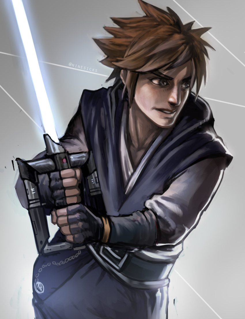 1boy absurdres belt blue_eyes brown_hair chain energy_sword fingerless_gloves gloves highres holding holding_weapon kingdom_hearts lightsaber male_focus nathaniel_himawan parody solo sora_(kingdom_hearts) star_wars sword twitter_username upper_body weapon