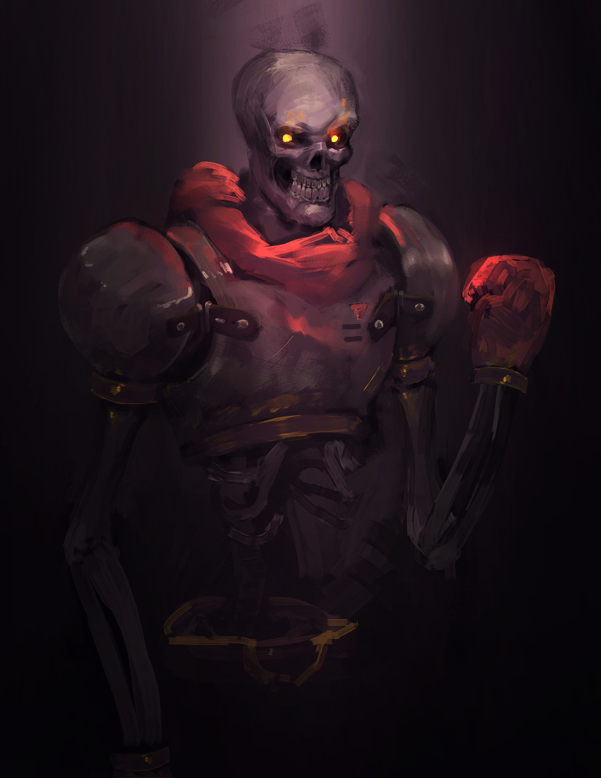 absurdres boxing_gloves cape glowing glowing_eyes highres ikki_day papyrus_(undertale) red_cape skeleton solo standing undertale yellow_eyes