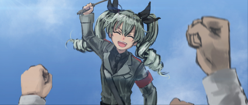 absurdres anchovy arm_up armband blurry bow clenched_hand closed_eyes clouds commentary drill_hair girls_und_panzer green_hair hair_bow hettsuaa highres long_hair necktie open_mouth riding_crop sketch sky solo_focus twin_drills uniform