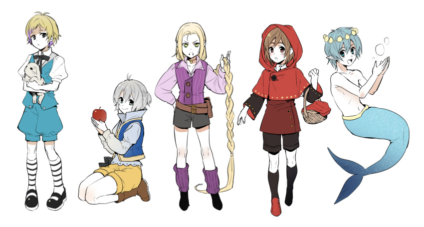 5boys alice_(wonderland) alice_in_wonderland apple black_legwear blue_eyes blue_hair boots braid brown_hair character_request copyright_request erubo food fruit genderswap genderswap_(ftm) kneehighs little_red_riding_hood little_red_riding_hood_(grimm) loose_socks merman monster_boy multiple_boys navel seiza shorts sitting snow_white_(grimm) snow_white_and_the_seven_dwarfs socks striped striped_legwear stuffed_animal stuffed_bunny stuffed_toy