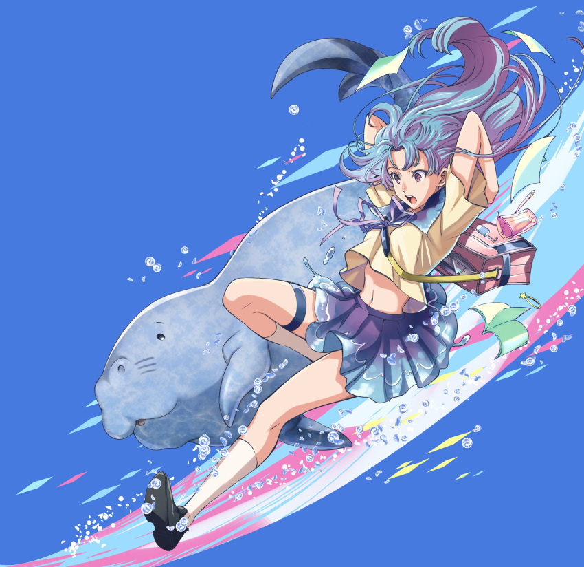 1girl abstract_background absurdres arms_behind_head bag blue_background blue_hair blue_skirt bookbag bracelet breasts falling highres jewelry kneehighs loafers manatee midriff navel notebook one_knee_up open_mouth original pencil_case pleated_skirt ribbon school_uniform shimo_(s_kaminaka) shirt shirt_lift shoes short_sleeves skirt surprised thigh_strap violet_eyes water water_drop white_legwear white_shirt