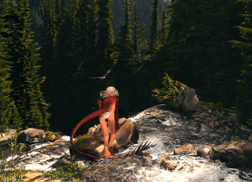 1girl barefoot bird blonde_hair bush cedar_tree claws dark_skin dracaene_(pachyphytum) dragon_girl facing_away forest from_behind fundoshi highres horns japanese_clothes legs long_hair mountain nature on_rock original pachyphytum reaching_out rock scales scenery solo spiked_tail stream tail tree water waterfall