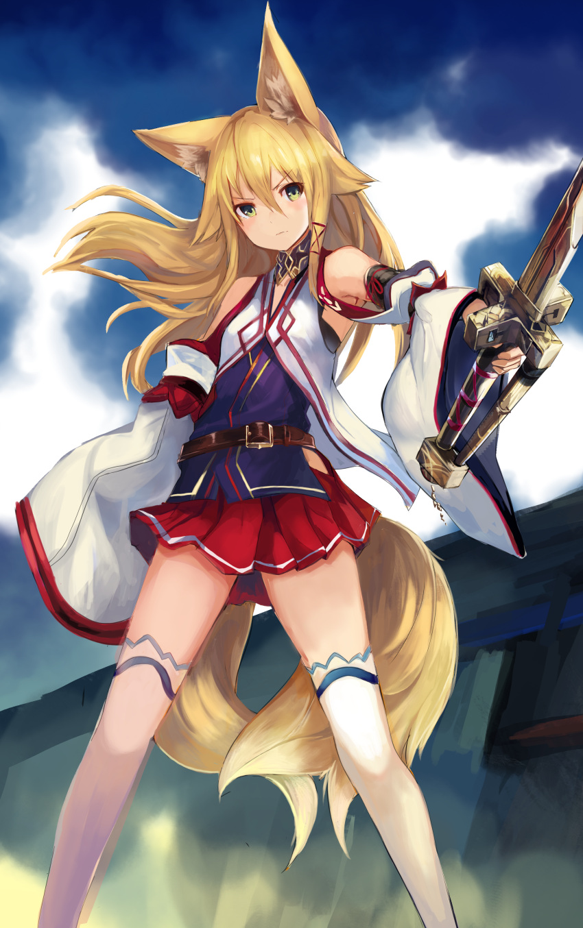 &gt;:( 1girl absurdres animal_ears armpits bare_shoulders belt blonde_hair blush breasts closed_mouth clouds cloudy_sky detached_sleeves fox_ears fox_girl green_eyes haik hair_ribbon highres hip_vent holding holding_sword holding_weapon kokonoe_tsubaki long_hair long_sleeves looking_at_viewer looking_away multiple_tails nontraditional_miko original outdoors over-kneehighs pleated_skirt red_ribbon red_skirt ribbon sidelocks skirt sky small_breasts solo standing sword tail thigh-highs tress_ribbon two_tails weapon white_legwear wide_sleeves