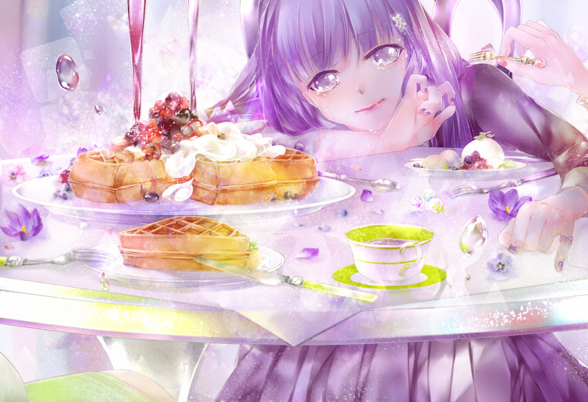 1girl ayakami berries butter cup dress fork knife long_hair looking_at_viewer nail_polish original pink_nails plate purple_dress purple_hair purple_nails sitting solo spoon table teacup violet_eyes waffle whipped_cream