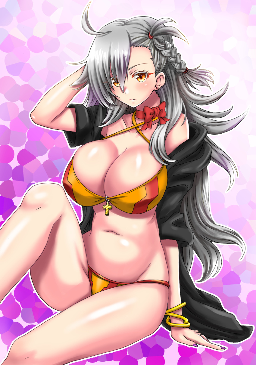 1girl arm_support bare_shoulders bikini black_jacket blush bow bowtie bracelet braid breasts cleavage closed_mouth collarbone criss-cross_halter cross ear_piercing fate/grand_order fate/stay_night fate_(series) groin hair_over_one_eye halter_top halterneck highres jacket jewelry large_breasts long_hair looking_at_viewer nail_polish navel olga_marie open_clothes open_jacket piercing purple_nails red_bow red_bowtie side_braid silver_hair sitting solo stomach swimsuit takecha yellow_eyes