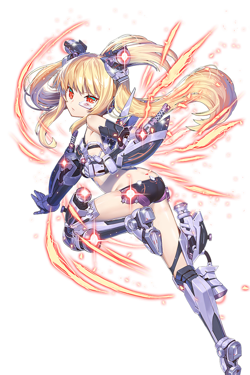 1girl aqua_sclera ass blonde_hair clenched_hand cyborg full_body hair_ornament highres mechanical_arm midriff official_art red_eyes running soccer_spirits solo twintails z088_beta