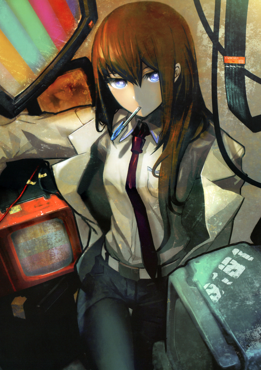 1girl absurdres belt black_legwear black_shorts blue_eyes brown_hair highres huge_filesize huke labcoat long_hair looking_at_viewer makise_kurisu necktie pantyhose pen red_necktie shirt short_shorts shorts solo steins;gate white_shirt