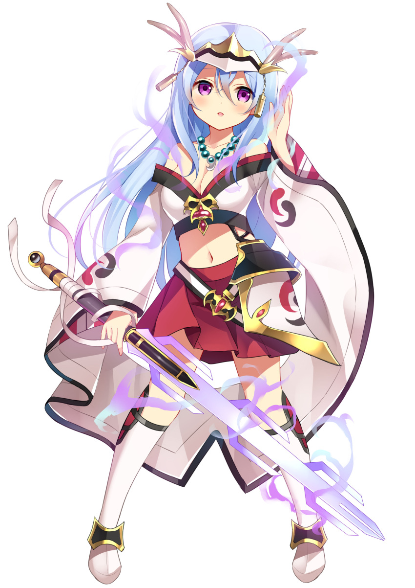 1girl absurdres artist_request boots breasts character_request cleavage copyright_request full_body highres holding holding_weapon large_breasts light_blue_hair long_hair long_sleeves midriff navel necktie pink_eyes seven-branched_sword simple_background skirt solo sword thigh-highs thigh_boots weapon white_background