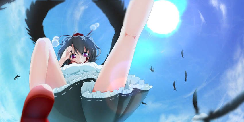 1girl bird_wings black_hair black_skirt black_wings day feathers frilled_skirt frills from_below geta hat kneepits looking_at_viewer open_mouth pom_pom_(clothes) red_shoes shameimaru_aya shirt shoes short_hair skirt sky solo sun tengu-geta tenyunkel tokin_hat touhou triangle_mouth violet_eyes white_shirt wings