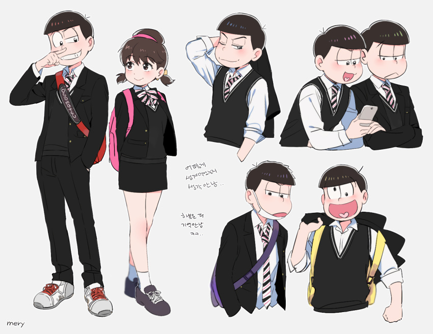 1girl 6+boys :&lt; :o ;3 alternate_costume arm_up artist_name backpack bag bangs black_eyes black_hair black_jacket black_pants black_shoes black_skirt black_sweater blazer blazer_removed blush bow bowl_cut bowtie breasts brothers brown_eyes brown_hair character_name clenched_hand closed_mouth collared_shirt copyright_name cropped_torso cross-laced_footwear dress_shirt grey_background grin hairband hand_in_pocket heart heart_in_mouth hetero holding holding_jacket holding_phone jacket jacket_removed korean long_sleeves looking_at_another looking_at_viewer looking_to_the_side matsuno_choromatsu matsuno_ichimatsu matsuno_juushimatsu matsuno_karamatsu matsuno_osomatsu matsuno_todomatsu mery_(apfl0515) miniskirt multiple_boys necktie open_blazer open_clothes open_jacket osomatsu-kun osomatsu-san pants pencil_skirt phone sextuplets shirt shoes short_twintails siblings simple_background skirt sleeves_rolled_up small_breasts smile sneakers socks standing striped striped_bow striped_bowtie striped_necktie surgical_mask sweater sweater_vest twintails uneven_eyes white_legwear white_shirt wiping_nose yowai_totoko