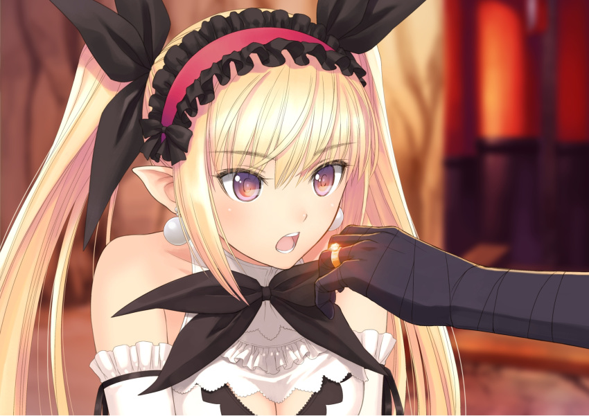 1girl bandages bare_shoulders black_bow blade_arcus_from_shining blonde_hair blurry_background bow breasts cleavage diamond dress earrings ears elbow_gloves eyebrows eyebrows_visible_through_hair eyes eyes_visible_through_hair fingers frilled_dress frilled_sleeves frills fringe gloves glowing hair_between_eyes hair_bow hairband highres indoors jewelry long_hair looking_at_hand mistral_nereis open_eyes open_mouth outstretched_arm outstretched_hand pearl pearl_earrings pointy_ears red_hairband ribbon ring shining_(series) shining_hearts solo_focus staring surprised tanaka_takayuki teeth tongue twintails upper_body violet_eyes