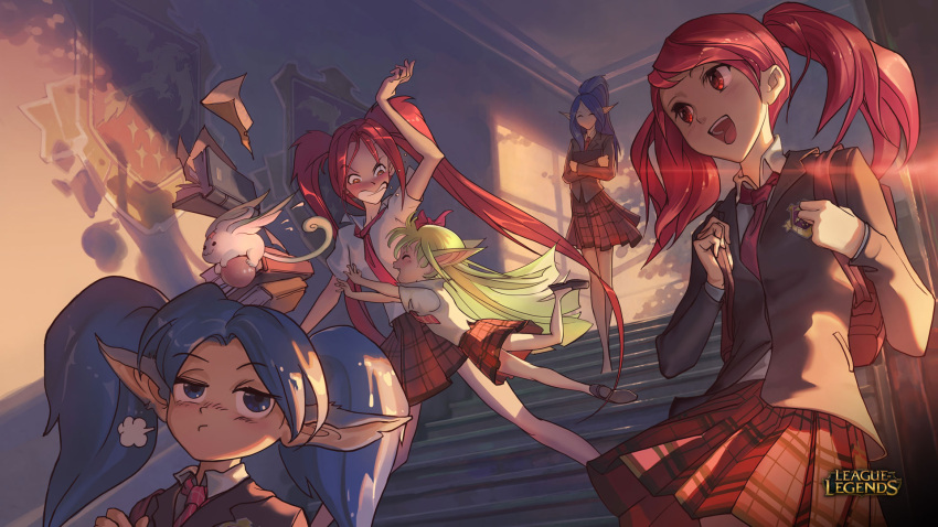 5girls alternate_costume alternate_hairstyle animal backpack bag blue_hair blush book bow closed_eyes green_hair hair_ornament highres janna_windforce jinx_(league_of_legends) league_of_legends lulu_(league_of_legends) luxanna_crownguard multiple_girls necktie official_art open_mouth plaid plaid_skirt pointy_ears poppy red_eyes redhead school_uniform skirt stairs star_guardian_janna star_guardian_jinx star_guardian_lulu star_guardian_lux star_guardian_poppy twintails yordle