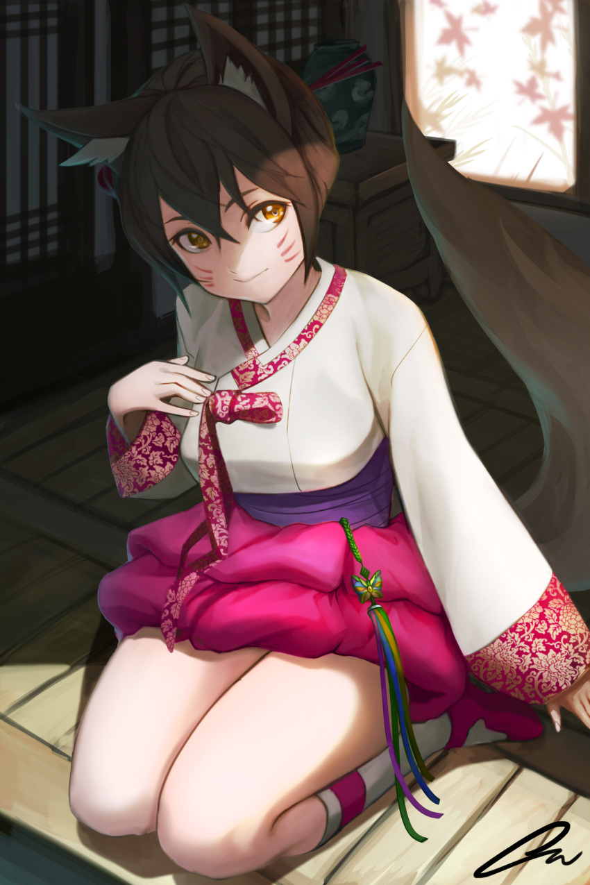 1girl absurdres ahri animal_ears architecture arm_at_side bangs black_hair breasts brown_hair closed_mouth east_asian_architecture facial_mark fox_ears fox_tail hair_between_eyes hair_ornament hair_stick hanbok highres indoors kneehighs korean_clothes leaf leaf_print league_of_legends long_sleeves looking_at_viewer looking_away looking_to_the_side maple_leaf medium_breasts oz_(gerbera7) pink_shoes sash seiza shade shoes short_hair signature sitting solo table tail vase whisker_markings white_legwear wooden_floor yellow_eyes