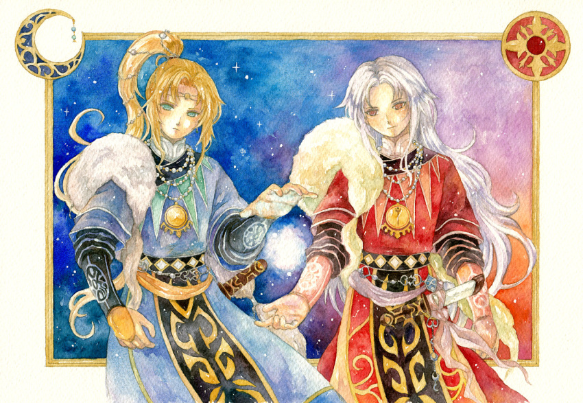 2boys blonde_hair blue_(saga_frontier) blue_eyes headband jewelry magic male_focus multiple_boys necklace ponytail red_eyes robe rouge_(saga_frontier) saga saga_frontier sheath sheathed shiroma_(mamiko) siblings standing twins white_hair