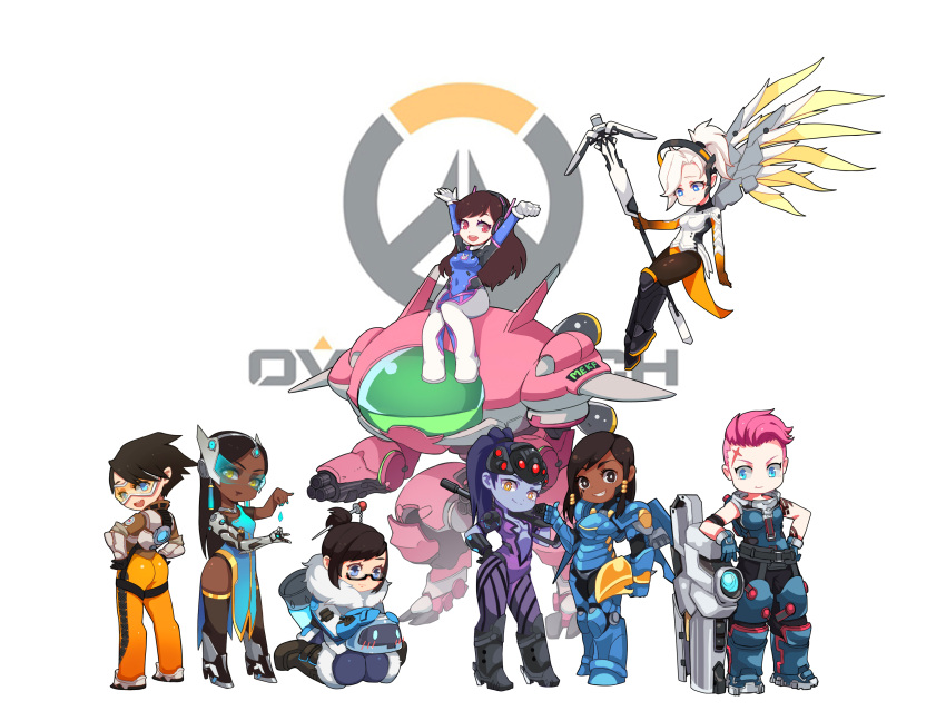 &gt;:) 6+girls :d absurdres armor armored_boots arms_up black-framed_eyewear black_boots black_legwear blonde_hair blue_coat blue_dress blue_eyes blue_gloves blue_skin blush boots breasts brown_boots brown_eyes brown_hair cleavage clenched_hand closed_mouth coat copyright_name d.va_(overwatch) dark_skin dress earrings facial_scar fur_trim glasses gloves goggles grin gun hair_ornament hairpin hand_on_hip hands_on_hips head_tilt helmet highres holding holding_gun holding_staff holding_weapon jewelry long_hair looking_at_viewer looking_back mechanical_arm medium_breasts mei_(overwatch) meka_(overwatch) mercy_(overwatch) minigirl multiple_girls open_mouth overwatch pharah_(overwatch) pilot_suit pink_hair ponytail purple_hair rifle scar semi-rimless_glasses short_hair sitting smile staff symmetra_(overwatch) thigh-highs thumbs_up tracer_(overwatch) under-rim_glasses very_dark_skin visor wariza weapon white_background white_gloves widowmaker_(overwatch) wings xiang_wan_wei_wan yellow_eyes zarya_(overwatch)