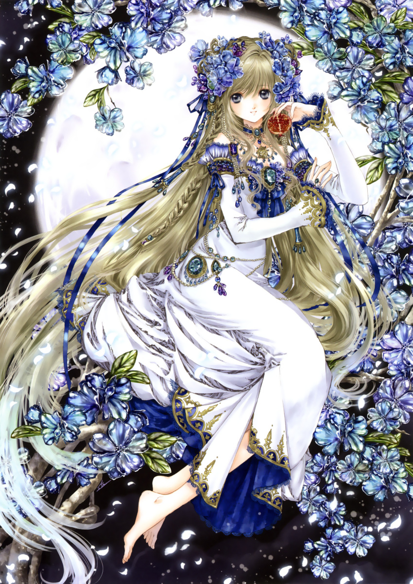 1girl absurdres barefoot black_eyes blonde_hair braid choker detached_sleeves dress eyebrows eyebrows_visible_through_hair flower food fruit full_body full_moon gem hair_flower hair_ornament highres holding holding_fruit long_hair long_sleeves looking_at_viewer moon original parted_lips pearl petals pomegranate scan shiitake_(gensoudou) sitting smile solo tree_branch very_long_hair white_dress