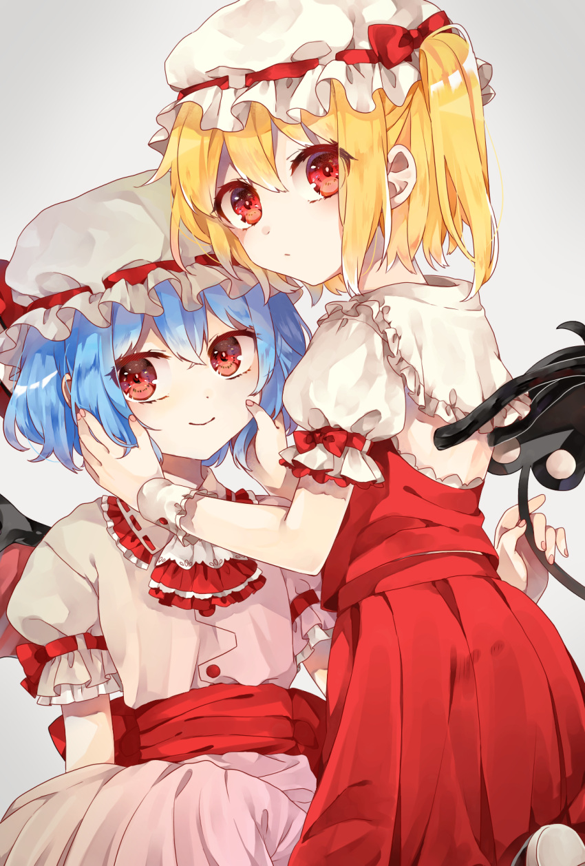 2girls bat_wings blonde_hair blue_hair expressionless fingernails flandre_scarlet from_behind grey_background hands_on_another's_cheeks hands_on_another's_face hat hat_ribbon highres kneeling laevatein looking_at_viewer looking_back looking_to_the_side mob_cap multiple_girls puffy_short_sleeves puffy_sleeves red_eyes remilia_scarlet ribbon sakurai_(redchivalry) sash short_hair short_sleeves siblings side_ponytail simple_background sisters sitting skirt skirt_set smile touhou wings wrist_cuffs