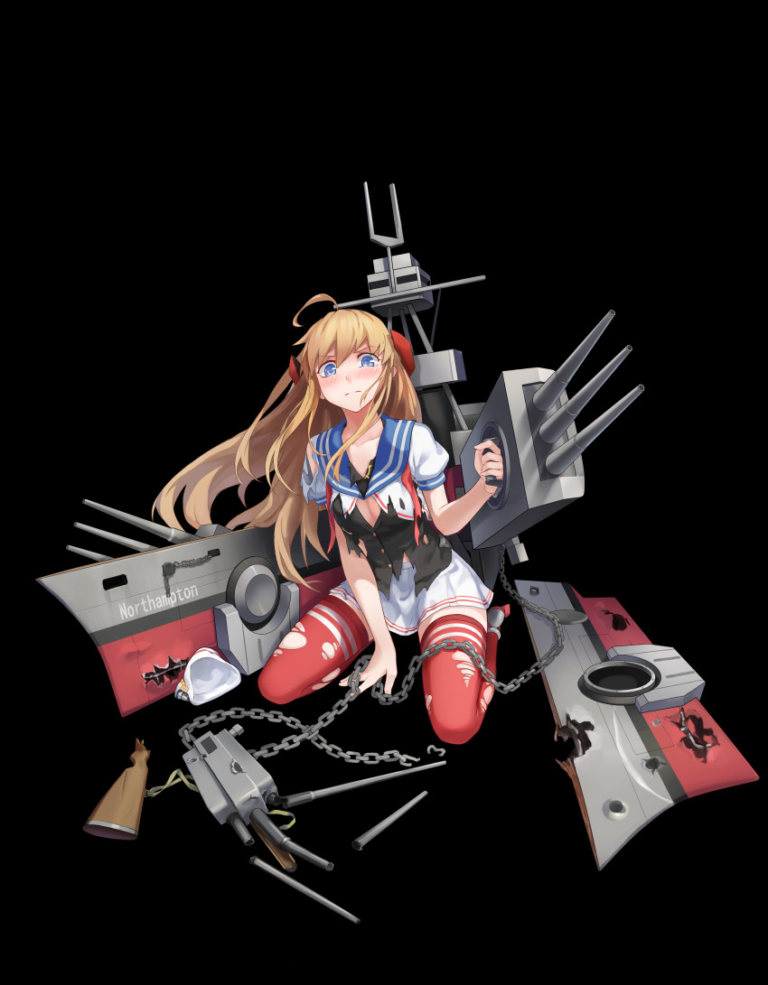 1girl absurdres ahoge black_background blue_eyes blush breasts brown_hair chain character_name cleavage cleavage_cutout damaged gun hat hat_removed headgear headwear_removed highres long_hair looking_at_viewer machinery northampton_(zhan_jian_shao_nyu) official_art original pleated_skirt puffy_short_sleeves puffy_sleeves red_legwear sailor_collar seiza short_sleeves shuang_ye sitting skirt thigh-highs torn_clothes torn_thighhighs weapon white_skirt zhan_jian_shao_nyu