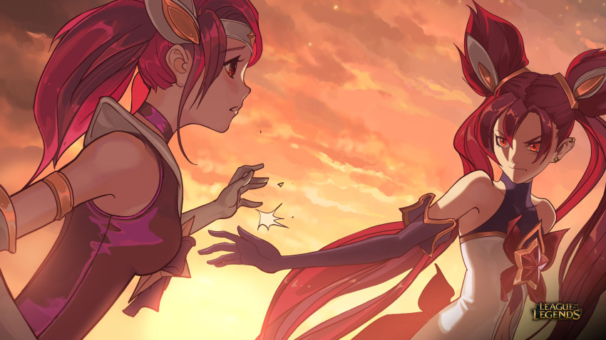 2girls alternate_costume alternate_hairstyle angry bangs blush choker clouds commentary earrings emblem hair_ornament highres jewelry jinx_(league_of_legends) league_of_legends long_twintails luxanna_crownguard multiple_girls official_art opera_gloves red_eyes redhead smack star_guardian_jinx star_guardian_lux sun tiara twintails