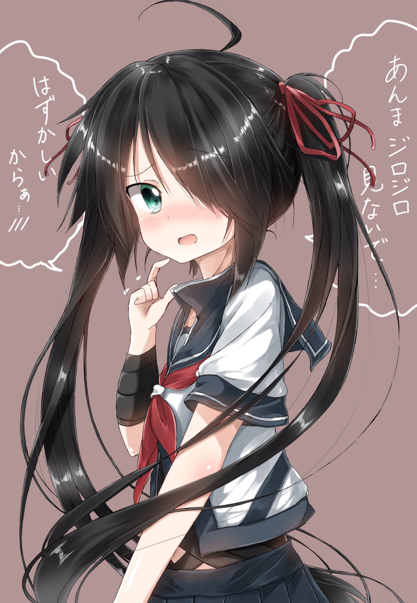 1girl ahoge aqua_eyes black_hair black_skirt blush check_commentary commentary_request eyebrows eyebrows_visible_through_hair hair_over_one_eye hair_ribbon highres kako_(kantai_collection) kantai_collection long_hair looking_at_viewer neckerchief open_mouth pentagon_(railgun_ky1206) pleated_skirt red_ribbon ribbon school_uniform skirt solo translation_request twintails younger