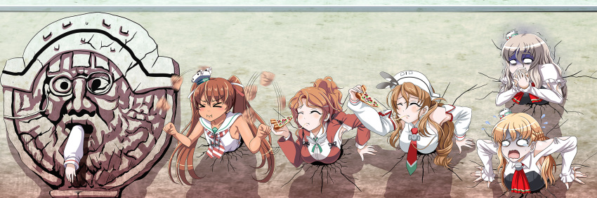 &gt;_&lt; 6+girls :i ^_^ afterimage anchor aquila_(kantai_collection) armpits ascot bare_arms bare_shoulders blank_eyes blonde_hair braid breasts brown_hair capelet clenched_hands closed_eyes closed_mouth commentary_request covering_mouth crack cracked_wall cravat crying curly_hair detached_sleeves dress drunk eating eyelashes flying_sweatdrops food french_braid frilled_sleeves frills green_ribbon hair_ornament hair_ribbon hairclip hand_over_own_mouth hat headgear highres holding kabe_ni_hamatte_ugokenai! kantai_collection large_breasts libeccio_(kantai_collection) light_brown_hair littorio_(kantai_collection) long_hair long_sleeves looking_at_viewer mini_hat motion_blur motion_lines multiple_girls nausea neck_ribbon necktie open_mouth orange_hair own_hands_together pale_face parody pizza pola_(kantai_collection) ponytail red_necktie ribbon roma_(kantai_collection) sailor_collar sailor_dress shaded_face shadow silver_hair sleeveless sparkle statue striped striped_necktie stuck swinging tan tears through_wall tk8d32 trembling turn_pale twintails wall wavy_mouth white_hat zara_(kantai_collection)