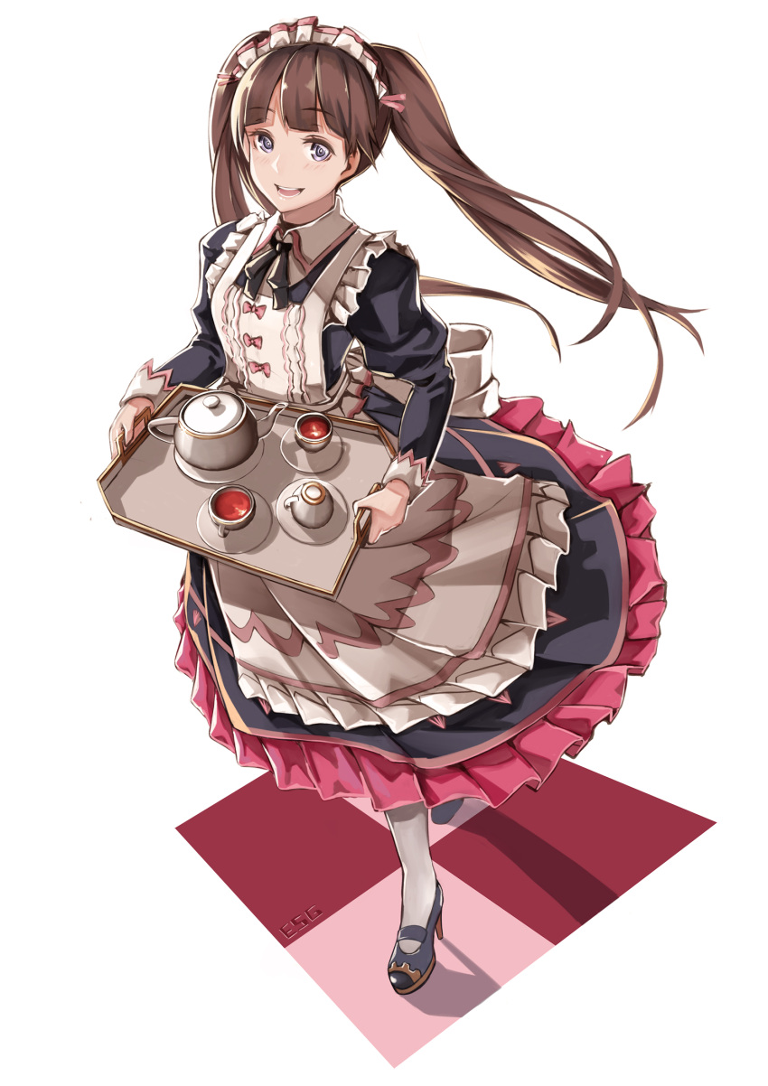 1girl :d apron bangs black_dress black_ribbon black_shoes blush bow brown_hair cup dorothy_(granblue_fantasy) dress essa_sazhka eyebrows eyebrows_visible_through_hair frilled_apron frilled_dress frills full_body granblue_fantasy high_heels highres holding long_hair long_sleeves looking_at_viewer maid maid_apron maid_headdress mary_janes open_mouth pantyhose pink_bow puffy_long_sleeves puffy_sleeves ribbon shadow shoes simple_background smile solo teacup teeth twintails violet_eyes white_apron white_background white_legwear