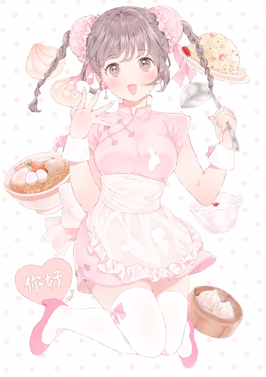 1girl :d absurdres apron bangs baozi braid brown_eyes brown_hair bun_cover china_dress chinese_clothes commentary_request double_bun dress earrings food food_on_clothes fork fried_rice hair_ribbon heart heart_earrings high_heels highres jewelry kamaboko knees_together_feet_apart ladle looking_at_viewer narutomaki noodles open_mouth original pink pink_dress polka_dot polka_dot_background ramen ribbon shizuko_(chipccchip) signature smile solo thigh-highs twin_braids waist_apron white_legwear wrist_cuffs