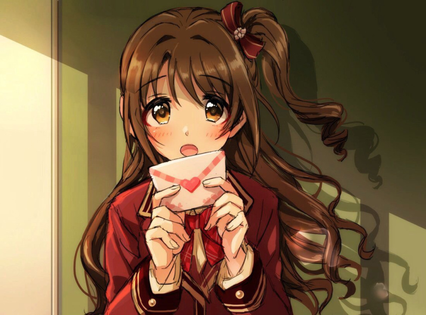 1girl brown_eyes brown_hair half_updo idolmaster idolmaster_cinderella_girls idolmaster_cinderella_girls_starlight_stage letter long_hair looking_at_viewer love_letter one_side_up open_mouth restaint school_uniform shimamura_uzuki sketch solo